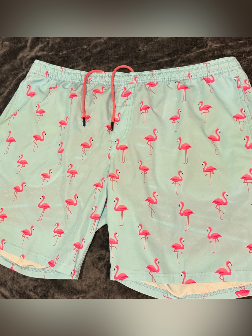 LRD Performance Flamingo Print Men's Swim Shorts Size 2XL LT Blue/Teal/Pink EUC